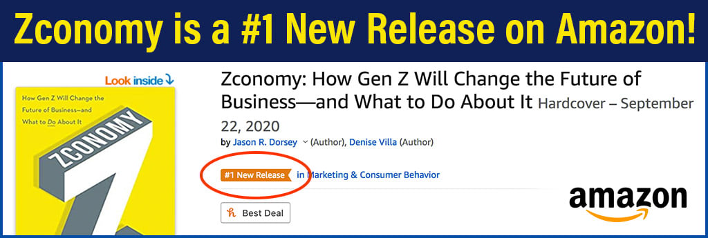 Screenshot of Zconomy book on Amazon with #1 New Release circled in red, and header that says "Zconomy is a #1 New Release on Amazon"