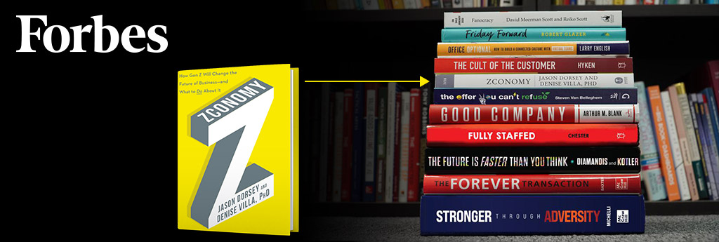 Zconomy book in stack of business books, with Forbes logo on top left of image