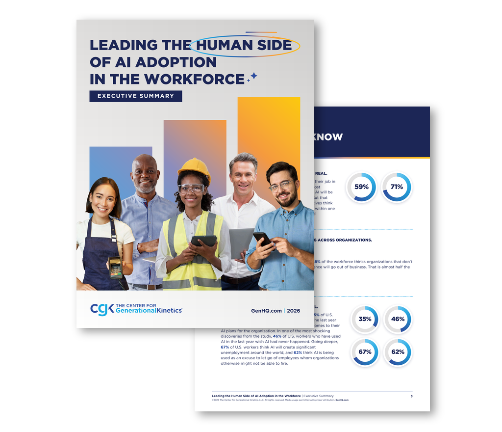 Cover and a key discoveries page of the executive summary of CGK’s national study, Leading the Human Side of AI Adoption in the Workforce
